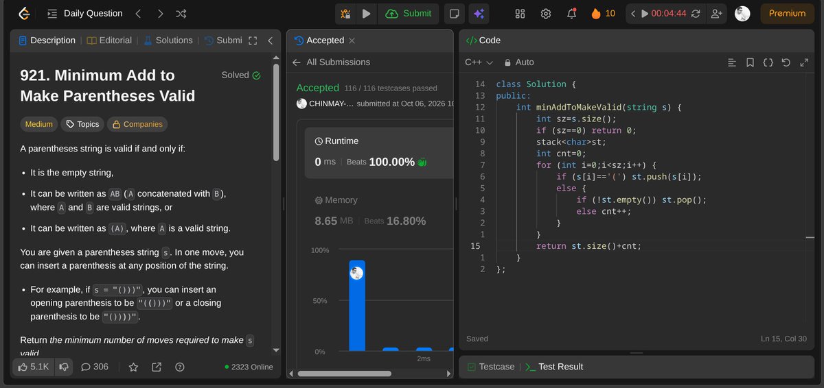 chinmay_jain_'s tweet photo. Today's Leetcode POTD:
Minimum Add to Make Parentheses Valid
Time Complexity: O(N)
Space Complexity: O(N)

Submission Code Link: https://t.co/NBRMoTW0Cq

Problem Explanation: https://t.co/ZuZ3lwV2bb

#LeetCode #DSA #DataStructures #Algorithms #Consistency #POTD #ProblemOfTheDay https://t.co/GdIGPPcchu
