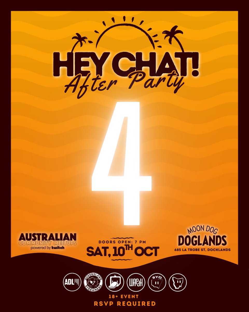 TwitchMelbourne's tweet photo. 4 DAYS. 👀💜

PAX weekend is almost here…

You've got your badge. You've got your schedule.

Now what are you doing Saturday night?

HEY CHAT! Twitch After Party.

Sat 10 Oct | 7PM–12AM | Moon Dog Doglands | 18+

🎟️ Tickets  https://t.co/sFObuvzJq6 https://t.co/lGupeKZgeN