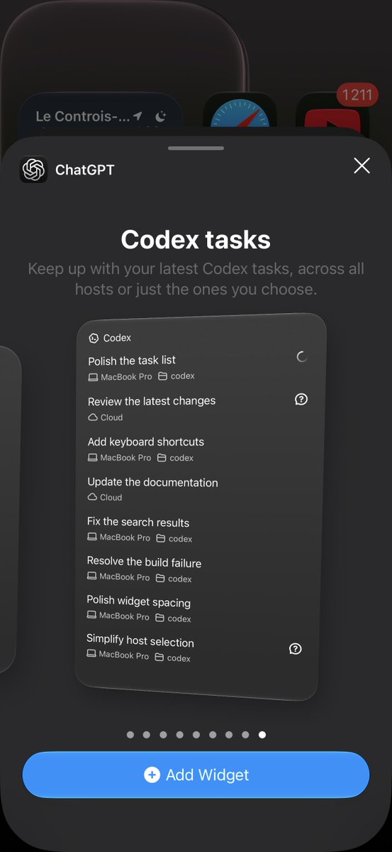 Dimillian's tweet photo. I completely forgot to post about it but did you know we added widgets for Codex in latest ChatGPT iOS update? You can even have your limits right on your lock screen! https://t.co/bH2ulkP4wP