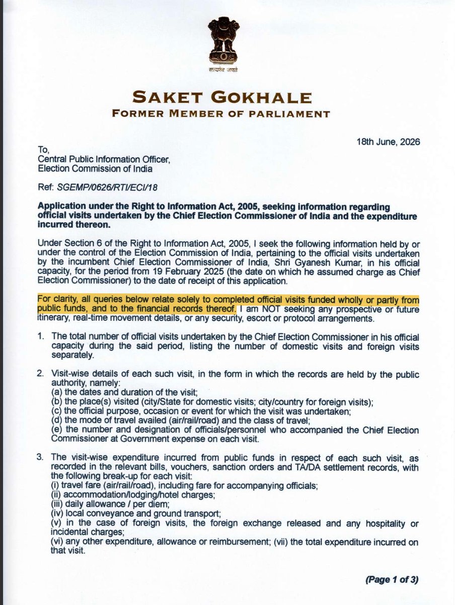 SaketGokhale's tweet photo. Why is the ECI trying so hard to hide money spent on Gyanesh Kumar?

I'd asked ECI for details on expenses made through PUBLIC FUNDS on Gyanesh Kumar's OFFICIAL TRIPS.

They rejected it citing "personal information". So I filed an appeal.

ECI STILL refuses to share the details claiming "there is no larger public interest".

How is taxpayer money spent on Gyanesh Kumar's trips NOT IN PUBLIC INTEREST?