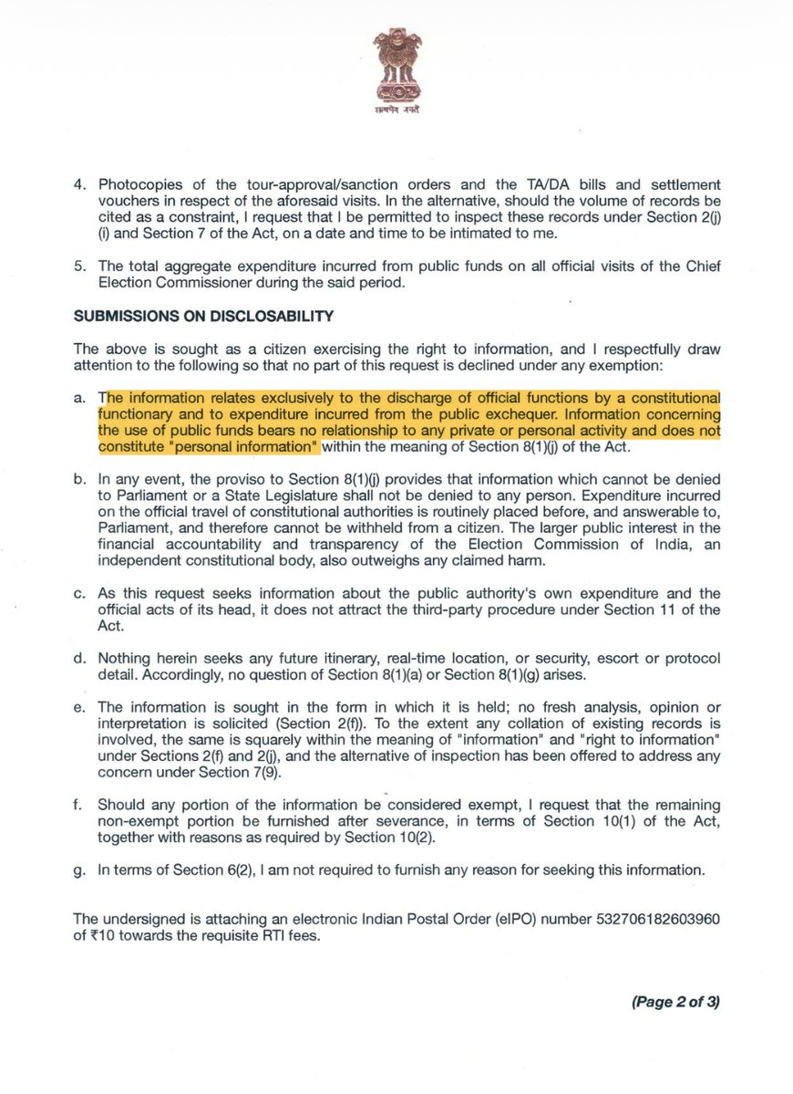 SaketGokhale's tweet photo. Why is the ECI trying so hard to hide money spent on Gyanesh Kumar?

I'd asked ECI for details on expenses made through PUBLIC FUNDS on Gyanesh Kumar's OFFICIAL TRIPS.

They rejected it citing "personal information". So I filed an appeal.

ECI STILL refuses to share the details claiming "there is no larger public interest".

How is taxpayer money spent on Gyanesh Kumar's trips NOT IN PUBLIC INTEREST?