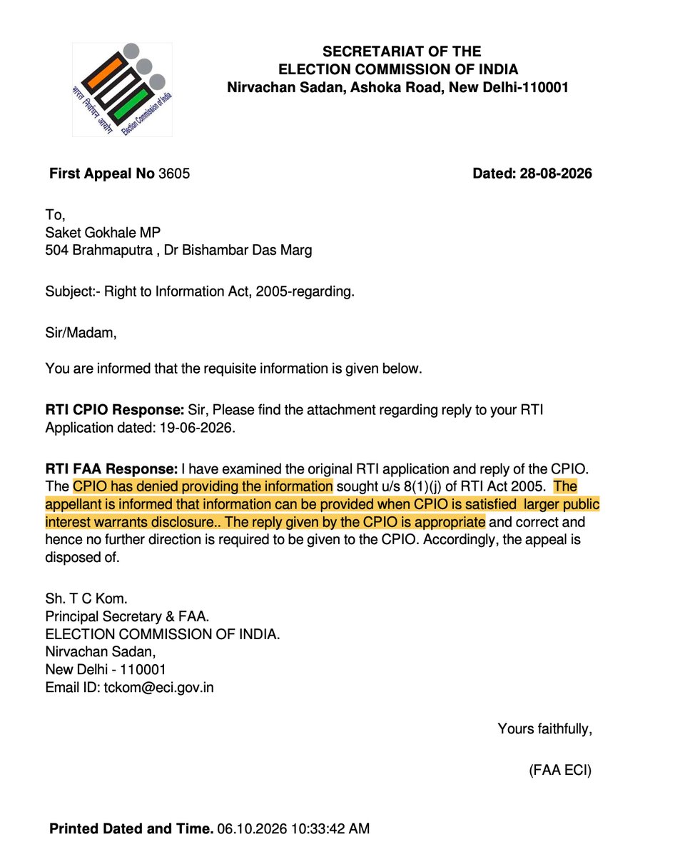 SaketGokhale's tweet photo. Why is the ECI trying so hard to hide money spent on Gyanesh Kumar?

I'd asked ECI for details on expenses made through PUBLIC FUNDS on Gyanesh Kumar's OFFICIAL TRIPS.

They rejected it citing "personal information". So I filed an appeal.

ECI STILL refuses to share the details claiming "there is no larger public interest".

How is taxpayer money spent on Gyanesh Kumar's trips NOT IN PUBLIC INTEREST?