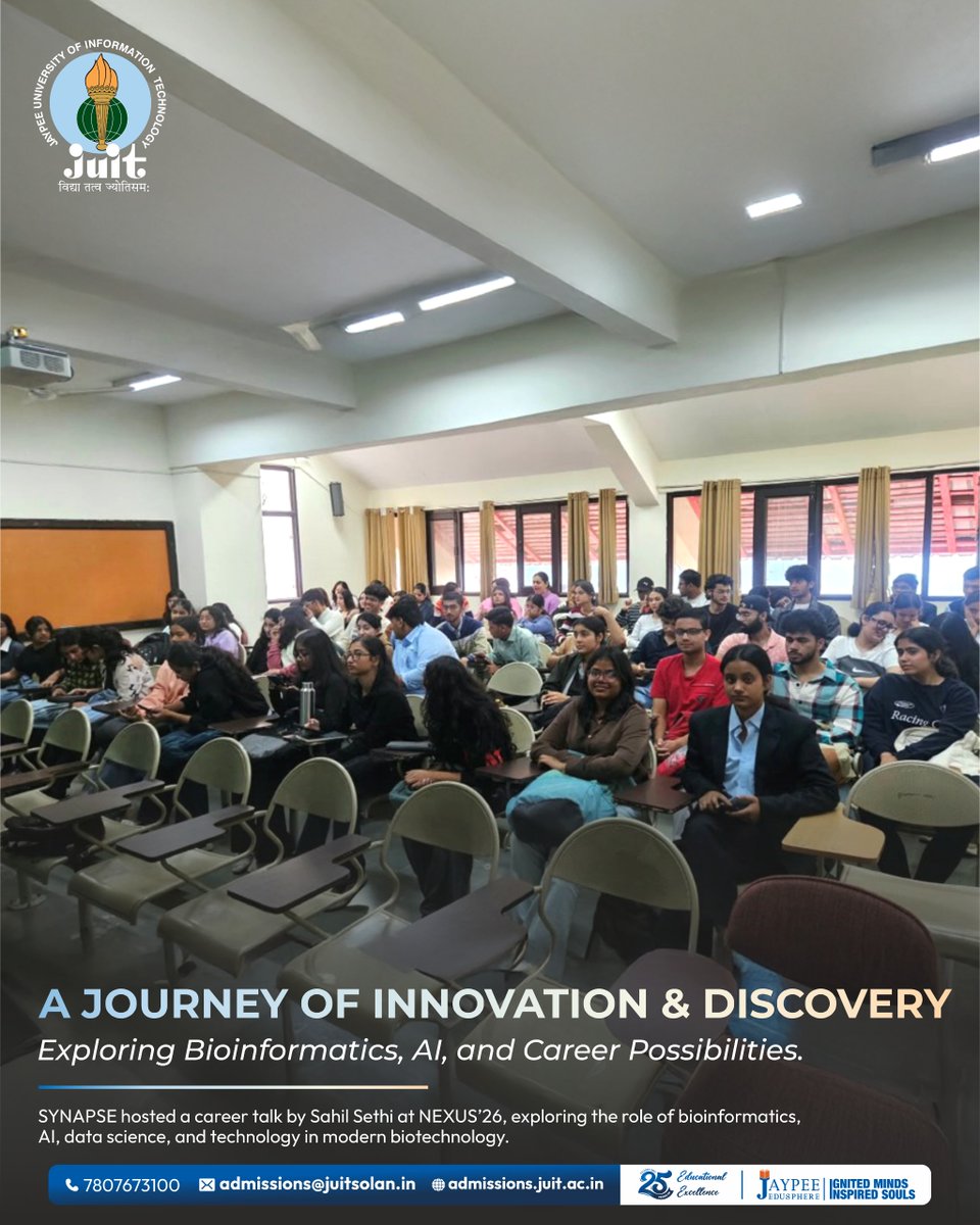 JuitWaknaghat's tweet photo. Exploring Bioinformatics, AI, and Career Possibilities! 💡✨ Thrilled to have Sahil Sethi lead an inspiring session at NEXUS’26 hosted by SYNAPSE, mapping out the future of technology in modern biotechnology.
#juit https://t.co/dnYNwMCOjw