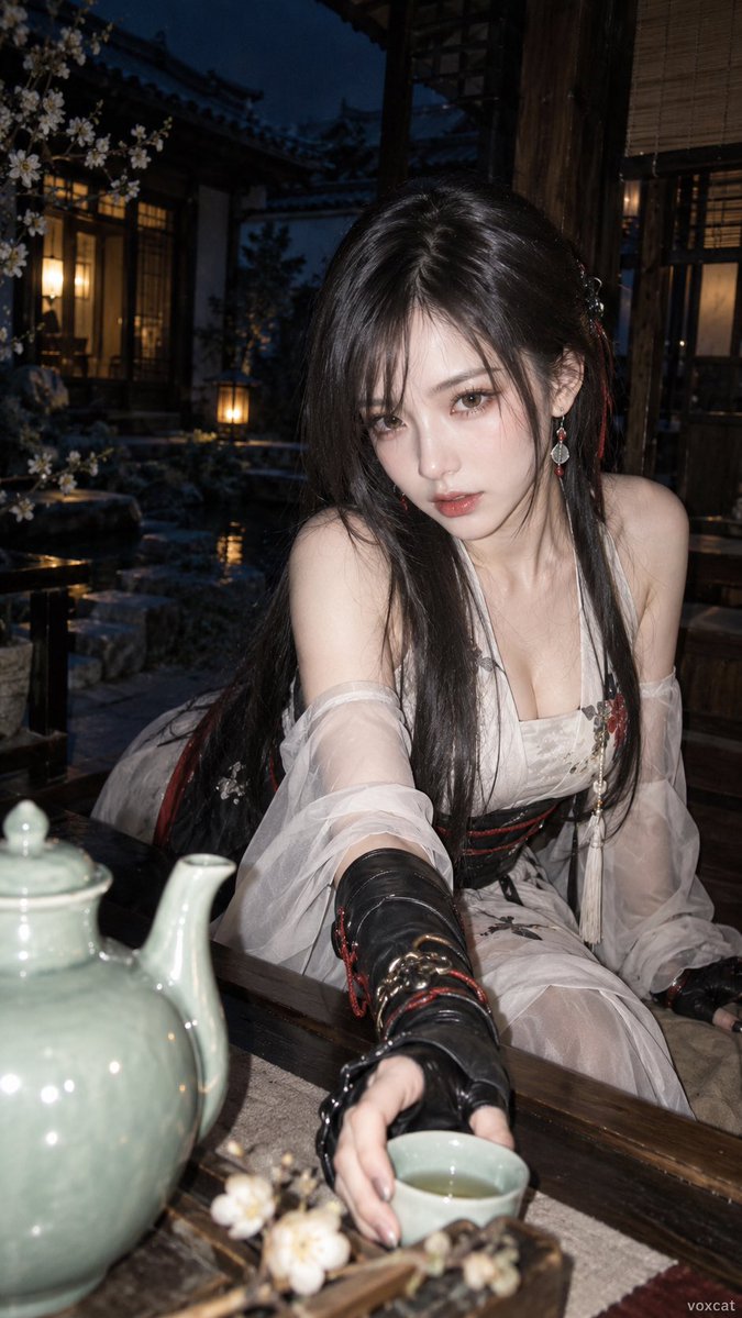 VoxcatAI's tweet photo. 宋式雅韵 × 夜间手机直闪

这类画面关键是把古典元素压到很少：素绢、青瓷、案几、庭院，只负责建立身份和环境；人物则完全按私人随行摄影来拍。

近距离偏斜构图 + 手机直闪，把人物和前景器物一起打亮，背景直接沉进深蓝暗部。

这样古风不会变成传统棚拍写真，反而更像晚上喝茶时被朋友突然拍到的一张照片。

Prompt：

【角色】成年真人化，保留发型轮廓、发色、眼睛主色、脸型眉眼、角色主色、标志性头饰、耳饰、徽记与核心配饰。

克制的新中式服装：素绢、薄纱、浅色织物、简洁层叠，少量金属或玉石配件。

低信息量宋式生活场景：木构庭院、案几、茶席、青瓷、窗影、花枝、低矮灯具。

人物处于私人随行抓拍瞬间：等待、取茶、回头、整理衣袖、靠近案几或侧身坐下。

近距离偏斜构图，轻微广角透视，人物不完全居中，前景青瓷略微放大，真实随手拍感。

夜间手机直闪，on-camera direct flash，harsh frontal flash，强烈面部高光，轻微过曝，背景快速衰减，深蓝暗部，JPEG压缩感、数字噪点、不均匀白平衡。闪光照亮人物面部、肩颈、衣料与前景器物，庭院和室内深处沉入深蓝阴影。

色彩：灰绿、暖白、深蓝，少量琥珀点光。

真实皮肤纹理、织物褶皱、青瓷反光、木材质感。整体安静、克制、文雅、私人、真实，具有夜间记录感。竖版，右下角极小 voxcat。