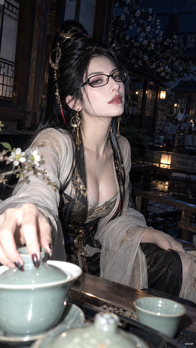 VoxcatAI's tweet photo. 宋式雅韵 × 夜间手机直闪

这类画面关键是把古典元素压到很少：素绢、青瓷、案几、庭院，只负责建立身份和环境；人物则完全按私人随行摄影来拍。

近距离偏斜构图 + 手机直闪，把人物和前景器物一起打亮，背景直接沉进深蓝暗部。

这样古风不会变成传统棚拍写真，反而更像晚上喝茶时被朋友突然拍到的一张照片。

Prompt：

【角色】成年真人化，保留发型轮廓、发色、眼睛主色、脸型眉眼、角色主色、标志性头饰、耳饰、徽记与核心配饰。

克制的新中式服装：素绢、薄纱、浅色织物、简洁层叠，少量金属或玉石配件。

低信息量宋式生活场景：木构庭院、案几、茶席、青瓷、窗影、花枝、低矮灯具。

人物处于私人随行抓拍瞬间：等待、取茶、回头、整理衣袖、靠近案几或侧身坐下。

近距离偏斜构图，轻微广角透视，人物不完全居中，前景青瓷略微放大，真实随手拍感。

夜间手机直闪，on-camera direct flash，harsh frontal flash，强烈面部高光，轻微过曝，背景快速衰减，深蓝暗部，JPEG压缩感、数字噪点、不均匀白平衡。闪光照亮人物面部、肩颈、衣料与前景器物，庭院和室内深处沉入深蓝阴影。

色彩：灰绿、暖白、深蓝，少量琥珀点光。

真实皮肤纹理、织物褶皱、青瓷反光、木材质感。整体安静、克制、文雅、私人、真实，具有夜间记录感。竖版，右下角极小 voxcat。