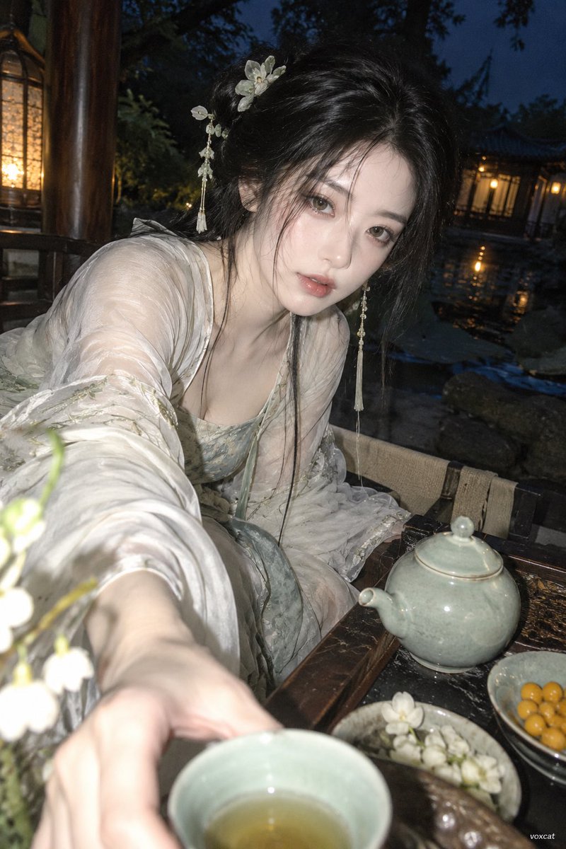 VoxcatAI's tweet photo. 宋式雅韵 × 夜间手机直闪

这类画面关键是把古典元素压到很少：素绢、青瓷、案几、庭院，只负责建立身份和环境；人物则完全按私人随行摄影来拍。

近距离偏斜构图 + 手机直闪，把人物和前景器物一起打亮，背景直接沉进深蓝暗部。

这样古风不会变成传统棚拍写真，反而更像晚上喝茶时被朋友突然拍到的一张照片。

Prompt：

【角色】成年真人化，保留发型轮廓、发色、眼睛主色、脸型眉眼、角色主色、标志性头饰、耳饰、徽记与核心配饰。

克制的新中式服装：素绢、薄纱、浅色织物、简洁层叠，少量金属或玉石配件。

低信息量宋式生活场景：木构庭院、案几、茶席、青瓷、窗影、花枝、低矮灯具。

人物处于私人随行抓拍瞬间：等待、取茶、回头、整理衣袖、靠近案几或侧身坐下。

近距离偏斜构图，轻微广角透视，人物不完全居中，前景青瓷略微放大，真实随手拍感。

夜间手机直闪，on-camera direct flash，harsh frontal flash，强烈面部高光，轻微过曝，背景快速衰减，深蓝暗部，JPEG压缩感、数字噪点、不均匀白平衡。闪光照亮人物面部、肩颈、衣料与前景器物，庭院和室内深处沉入深蓝阴影。

色彩：灰绿、暖白、深蓝，少量琥珀点光。

真实皮肤纹理、织物褶皱、青瓷反光、木材质感。整体安静、克制、文雅、私人、真实，具有夜间记录感。竖版，右下角极小 voxcat。