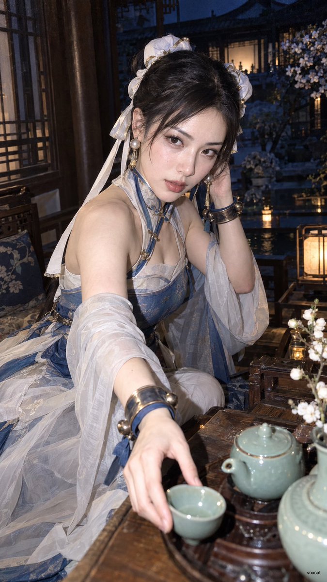 VoxcatAI's tweet photo. 宋式雅韵 × 夜间手机直闪

这类画面关键是把古典元素压到很少：素绢、青瓷、案几、庭院，只负责建立身份和环境；人物则完全按私人随行摄影来拍。

近距离偏斜构图 + 手机直闪，把人物和前景器物一起打亮，背景直接沉进深蓝暗部。

这样古风不会变成传统棚拍写真，反而更像晚上喝茶时被朋友突然拍到的一张照片。

Prompt：

【角色】成年真人化，保留发型轮廓、发色、眼睛主色、脸型眉眼、角色主色、标志性头饰、耳饰、徽记与核心配饰。

克制的新中式服装：素绢、薄纱、浅色织物、简洁层叠，少量金属或玉石配件。

低信息量宋式生活场景：木构庭院、案几、茶席、青瓷、窗影、花枝、低矮灯具。

人物处于私人随行抓拍瞬间：等待、取茶、回头、整理衣袖、靠近案几或侧身坐下。

近距离偏斜构图，轻微广角透视，人物不完全居中，前景青瓷略微放大，真实随手拍感。

夜间手机直闪，on-camera direct flash，harsh frontal flash，强烈面部高光，轻微过曝，背景快速衰减，深蓝暗部，JPEG压缩感、数字噪点、不均匀白平衡。闪光照亮人物面部、肩颈、衣料与前景器物，庭院和室内深处沉入深蓝阴影。

色彩：灰绿、暖白、深蓝，少量琥珀点光。

真实皮肤纹理、织物褶皱、青瓷反光、木材质感。整体安静、克制、文雅、私人、真实，具有夜间记录感。竖版，右下角极小 voxcat。
