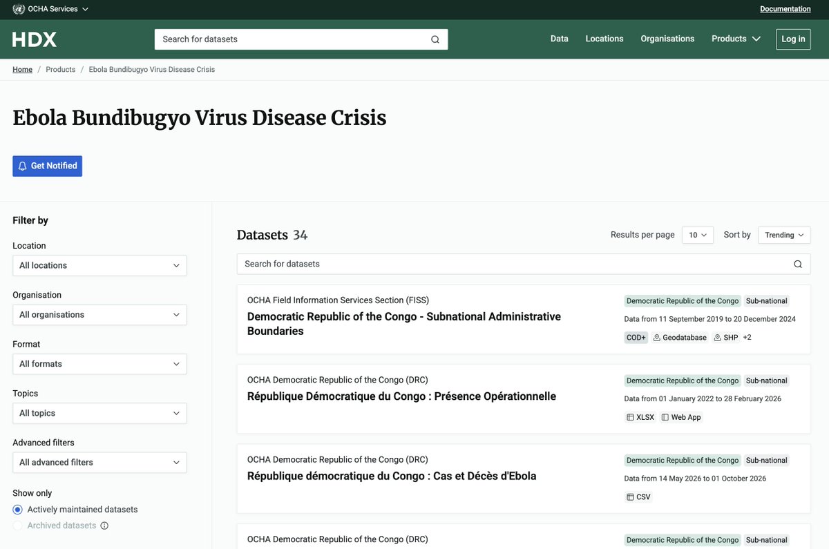 humdata's tweet photo. ⚠️ The Ebola Bundibugyo Virus Disease page on HDX brings together over 30 datasets for DR Congo from @WorldPopProject, @grid3global, @UNOCHA, @IDMC_Geneva, HeiGIT and more. Sign up to get notified when new data is added.

https://t.co/i0XIxMRnRC https://t.co/MajCNYUpab