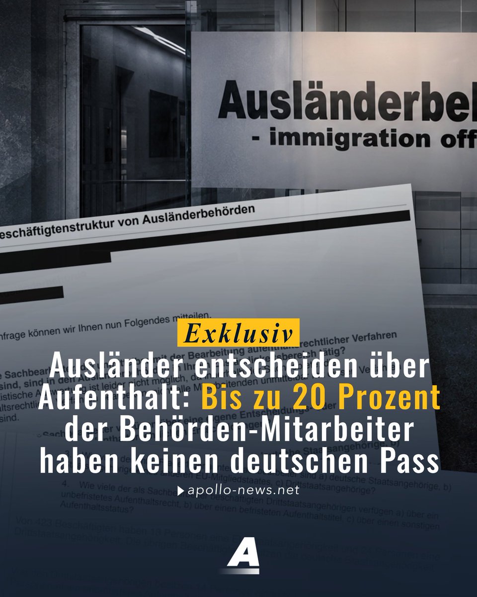 maxmannhart's tweet photo. Exklusiv: Bis zu 20 Prozent der Mitarbeiter in Ausländerbehörden haben selbst keinen deutschen Pass - viele davon aus Drittstaaten. 

Eine deutschlandweite Apollo News-Abfrage zeigt: In zahlreichen Fällen entscheiden Nicht-EU-Ausländer, die selbst nur einen befristeten Aufenthaltstitel haben, über den Aufenthaltsstatus und teilweise sogar über die Einbürgerung anderer Ausländer. 

Einschränkungen der Kompetenz gibt es dabei häufig nicht. Allein in Hamburg haben 24 Nicht-EU-Ausländer umfassende Entscheidungsbefugnisse über den Aufenthaltsstatus von Ausländern. 

Ein Problem wollen die zuständigen Behörden darin nicht erkennen. 

https://t.co/dKSCjxvNks