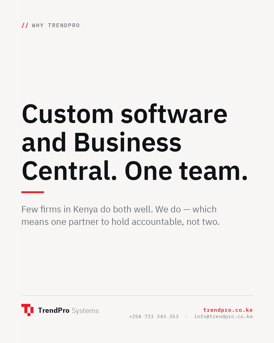 TrendPro_Kenya's tweet photo. Custom development and ERP implementation are usually two vendors blaming each other when something breaks. We do both, so there is one team to hold accountable.

Check out our website via  https://t.co/z3MaIU2j9i  and learn more

#webapps #microsoftdynamics365 #trendpro https://t.co/hLPkbIvWcB