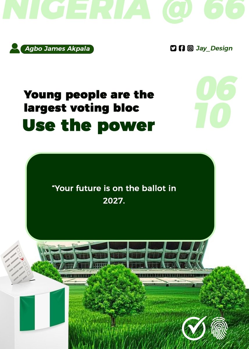 AgboAugust's tweet photo. Young people are the largest voting bloc.
Use the power.
Your future is on the ballot in 2027.Register.
Collect your PVC.
Show up.
#IndependenceVotes #Vote2027 #YouthPower #NigeriaDecides2027 https://t.co/LXchVUZt2W