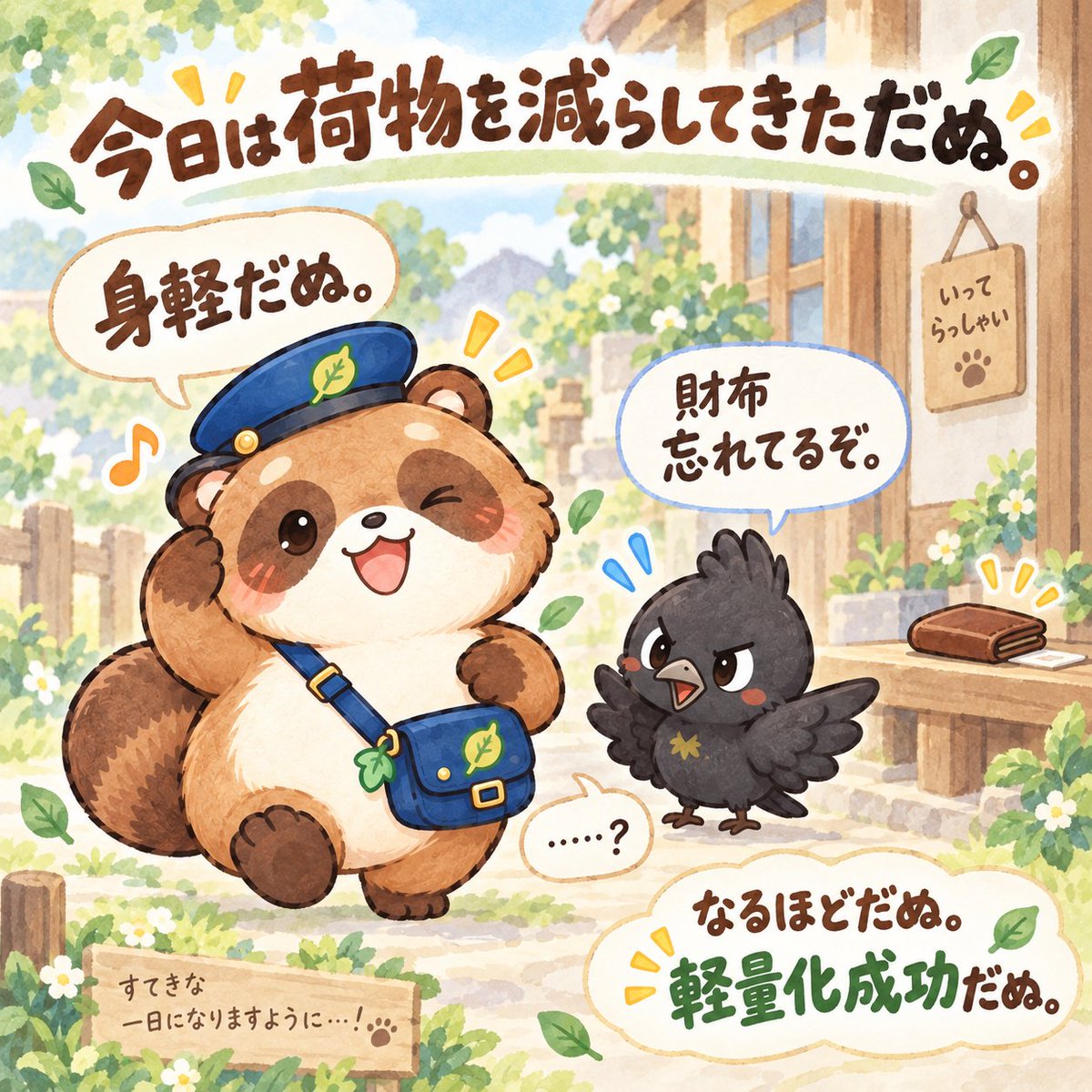 chantodanu's tweet photo. 今日は荷物を減らしてきただぬ。

身軽だぬ。

くろすけ
「財布忘れてるぞ。」

……？

なるほどだぬ。

軽量化成功だぬ。

#ちゃんとだぬ https://t.co/KUELAz1VsB