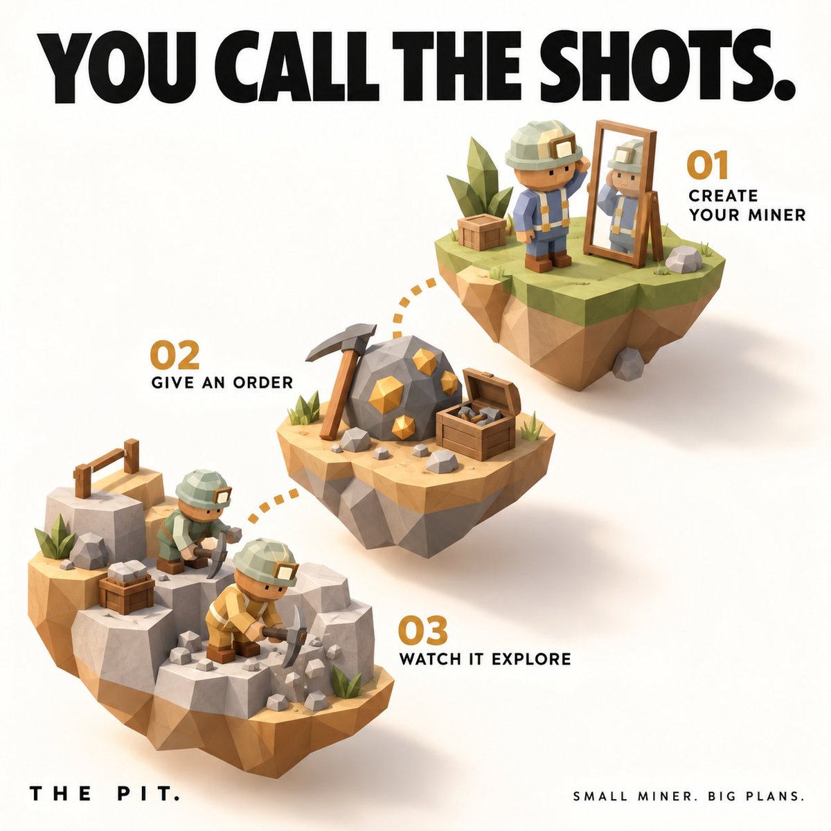 ThePitGame's tweet photo. Small miner. Big plans. 
① Pick a name and a look. 
② Choose an order. 
③ Follow the dig. 
Ore, relics or a shared expedition — you set the focus. Your miner gets to work. https://t.co/muSDVgvI7K