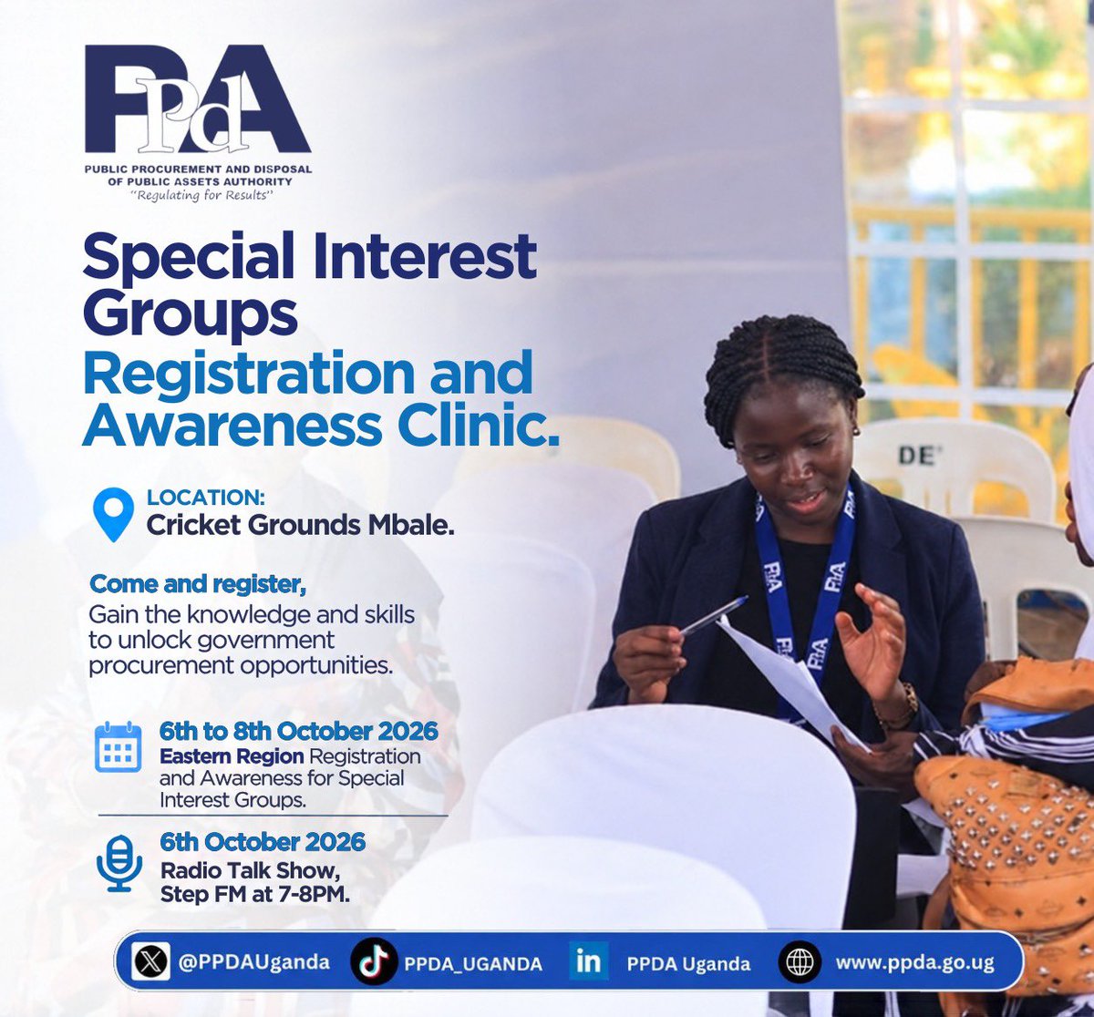 PPDAUganda's tweet photo. 🆁🅸🆂🅴 & 🆂🅷🅸🅽🅴
⏰ 𝑴𝑩𝑨𝑳𝑬 𝑪𝑰𝑻𝒀, 𝑻𝑯𝑰𝑺 𝑰𝑺 𝒀𝑶𝑼𝑹 𝑴𝑶𝑴𝑬𝑵𝑻

PPDA is on ground, and we are calling on women, youth and persons with disabilities who are ready to explore opportunities in Government procurement.

Come and get registered, speak directly to the PPDA team, ask your questions and learn what it takes to successfully participate in public procurement.

📍 Cricket Grounds, Mbale
📅 6th–8th October 2026
⏰ 8:00 AM–5:00 PM

And tonight, catch the conversation live on STEP FM from 7:00–8:00 PM. 📻

Don’t just hear about Government business opportunities, position yourself to take part. See you in Mbale.
#InclusionInPublicProcurement
#PPDALocalContent
#RegulatingForResults