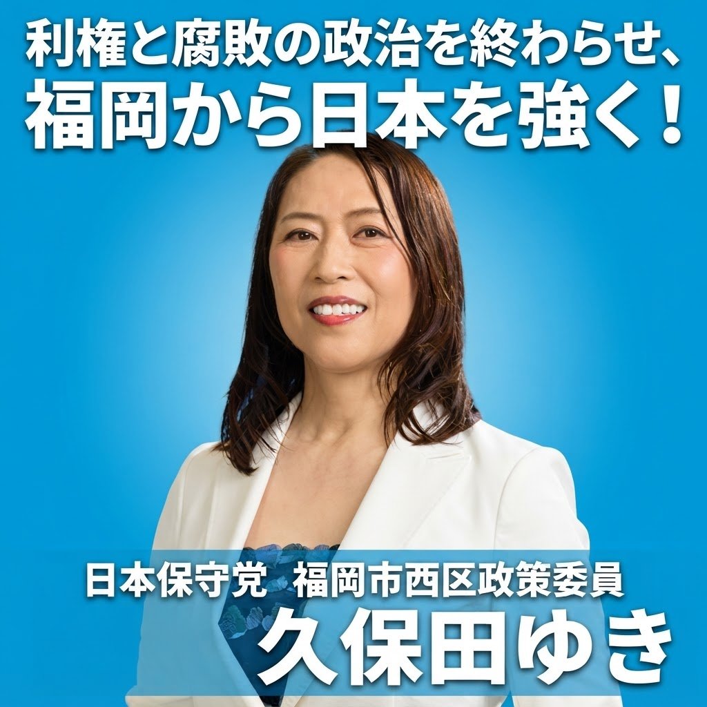 zorochanm's tweet photo. 福岡の悪政を一掃！日本保守党の福岡市西区政策委員・久保田ゆき氏。
https://t.co/z9Nhf4yykZ
自営業の経験を活かした市民目線で、地域の利権や移民問題に真っ向から立ち向かう覚悟の女性です。

森けんたろう氏らと共に福岡を青く染める熱い挑戦を全力応援！

#日本保守党 #久保田ゆき #福岡市西区 https://t.co/PvKS09BZty