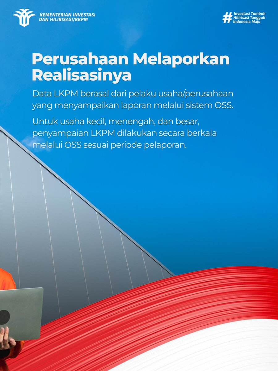 bkpm's tweet photo. LKPM membantu pemerintah memantau realisasi investasi, perkembangan kegiatan usaha, serta data terkait sesuai ketentuan pelaporan.

**

LKPM helps the government monitor investment realization, business activity progress, and required information based on reporting provisions. https://t.co/9afzdNOTP3