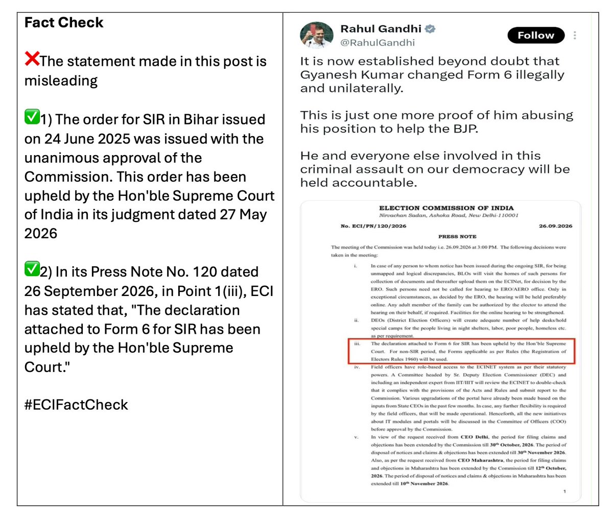 ElectionDPI's tweet photo. 1) The order for SIR in Bihar issued on 24 June 2025 was issued with the unanimous approval of the Commission. This order has been upheld by the Hon'ble Supreme Court of India in its judgment dated 27 May 2026 

✅2) In its Press Note No. 120 dated 26 September 2026, in Point 1 https://t.co/02His1gRwZ