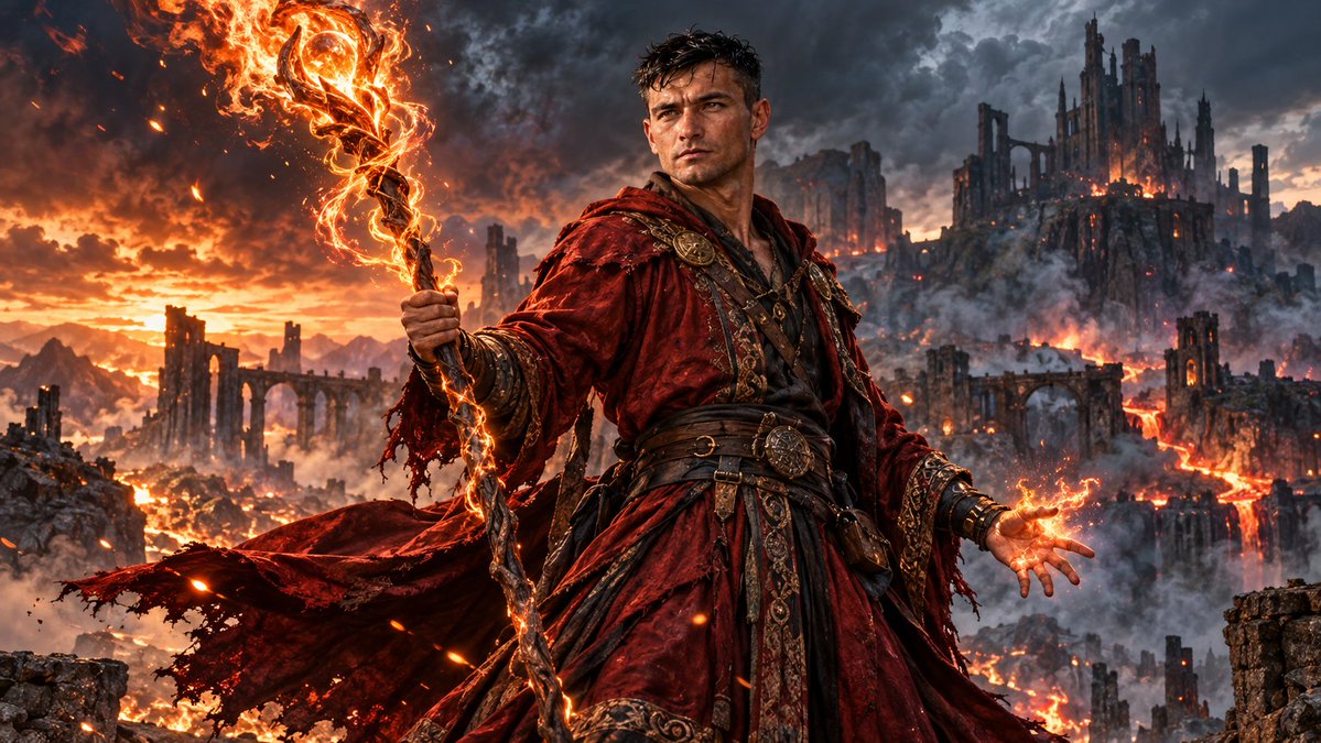 Splinter737's tweet photo. Flames dance across his staff as the ruins burn behind him. Splinter, the Fire‑Wielding Wizard, stands defiant amid ash and fury. His power ignites the twilight, a living inferno against the dying world. 🔥🪄
#FantasyArt #EpicScene #Wizard #CinematicMagic https://t.co/MLPhfLFhB6