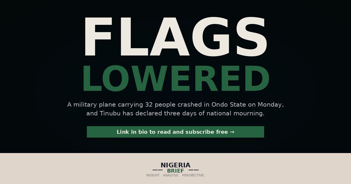 FrontierBriefMe's tweet photo. Air Force plane carrying 32 crashes in Ondo, Tinubu declares three days of mourning. INEC says the voter register tops 103 million. Kidnappers cut ransom for 20 Imo corps members.

Read Free: https://t.co/MnXNpu39Gb https://t.co/3BsDZ2Xqoi