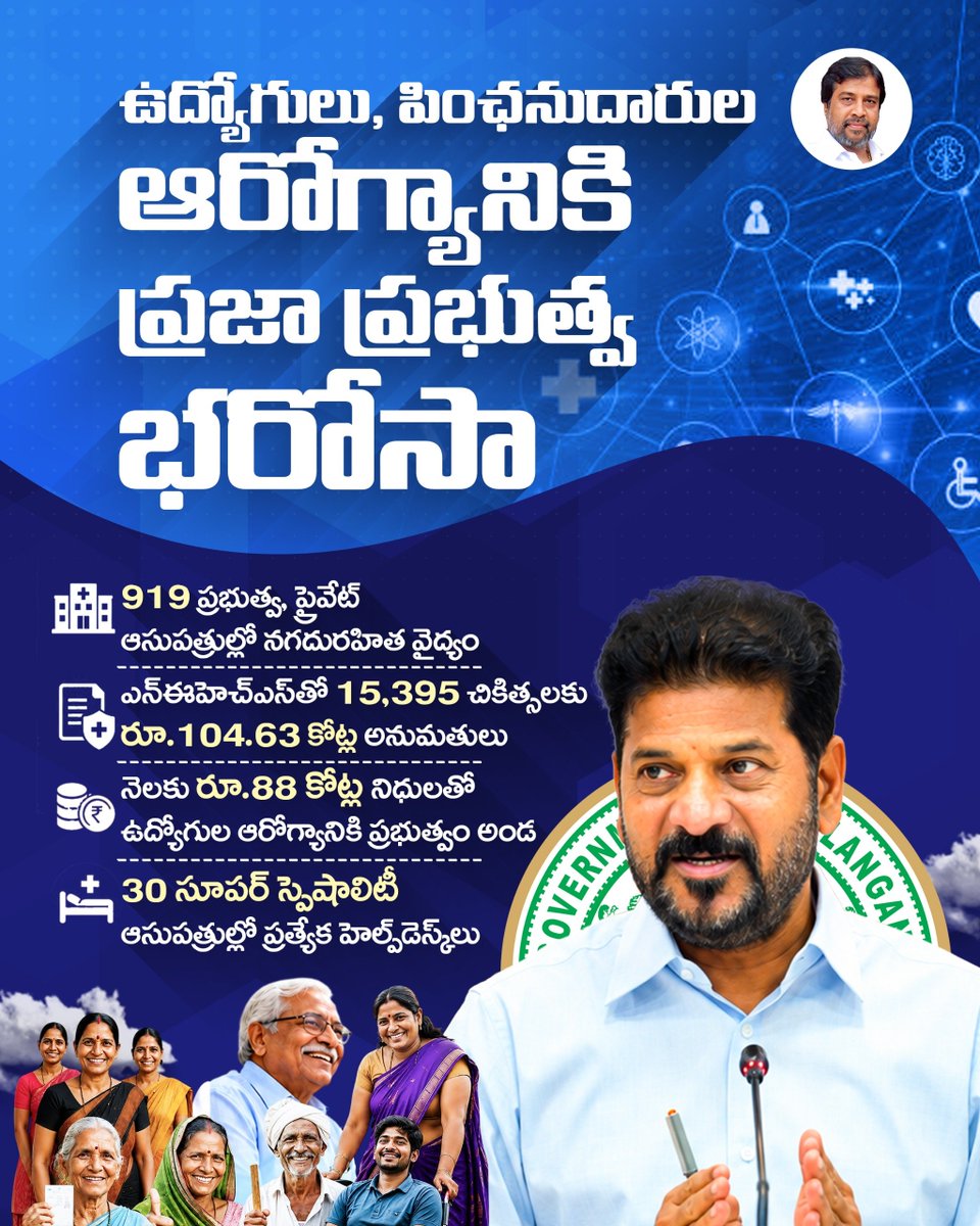Inctelanganaupd's tweet photo. ఉద్యోగులు, పింఛనుదారుల ఆరోగ్యానికి ప్రజా ప్రభుత్వం భరోసా
@revanth_anumula @TelanganaCMO @INCTelangana
#revanthreddy #PrajaPrabhutvam #EmployeesHealthScheme #EHS #Healthcare https://t.co/AzXUDbZh7P