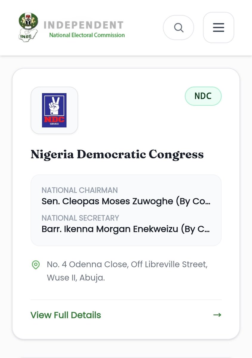 JudeHeavenly's tweet photo. Finally, INEC has officially accepted and updated to the official logo of the NDC.

The INEC website shows the the two fingers up, with blue background and the NDC inscription on it in red .

This is a step forward in the right direction in our movement to rescue Nigeria and get it working again. Congratulations 🎊 to us.

It's time to get to work now without any confusion and doubt.

Let's gooooo!

NDC! Service to the People✌️