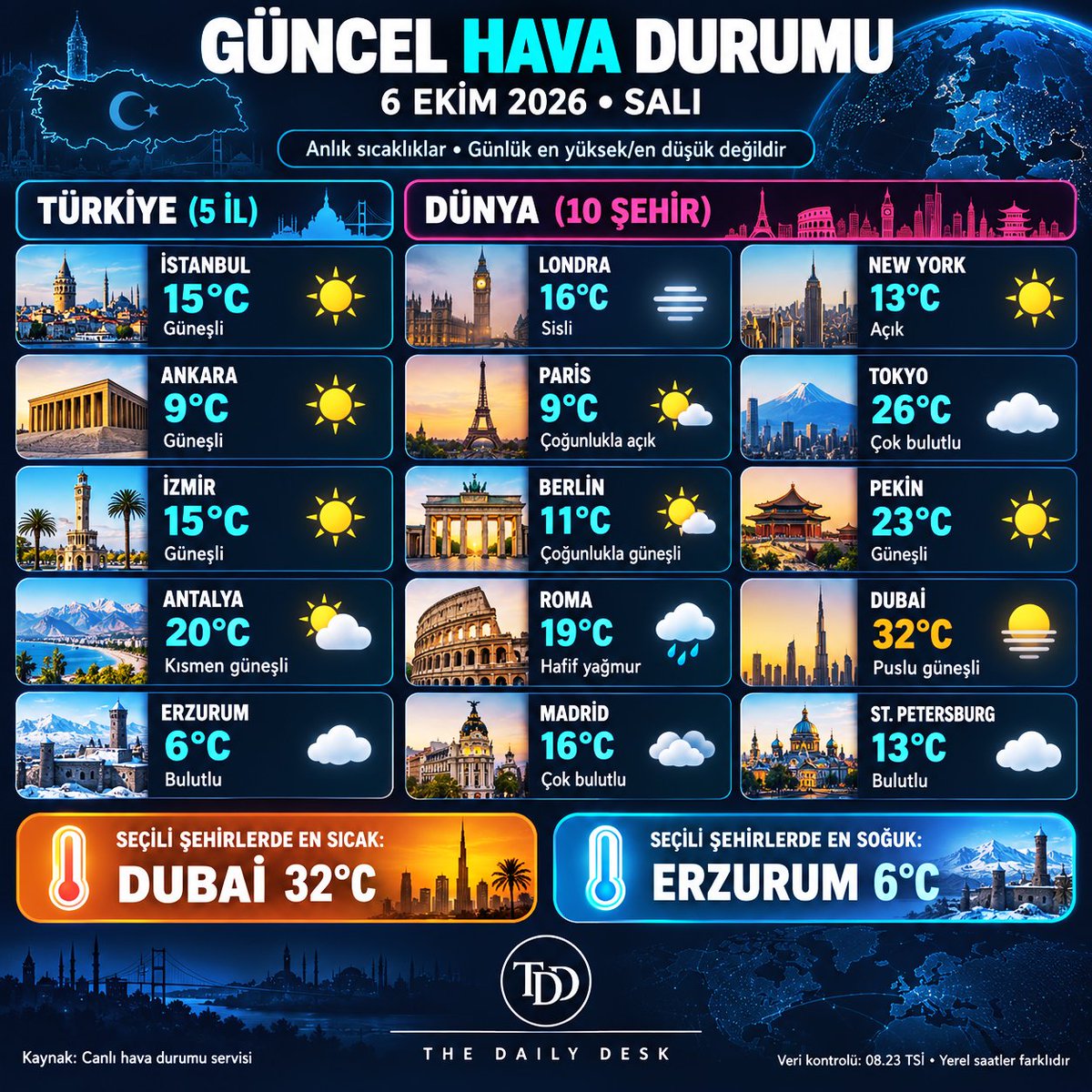 TheDailyD3sk's tweet photo. Hava Durumu ☀️
Güne başlarken masadaki ilk ve en taze veriler:

Türkiye geneline baktığımızda parçalı bulutlu ve ferah bir hava hakim; ülke genelinde sıcaklıkların en yüksek 16°C, gece ise en düşük 7°C civarında seyretmesi bekleniyor.

Başkent Ankara'da ise termometreler bugün en yüksek 20°C'yi gösterirken, gece saatlerinde sıcaklık 7°C'ye kadar düşecek; gün boyunca açık ve güneşli bir gökyüzü bizi bekliyor.

Haftaya dinamik ve enerjik bir başlangıç yapmak için dışarı çıkmadan önce planlarınızı gözden geçirmeyi unutmayın. 

Sizin bulunduğunuz şehirde hava nasıl? Yorumlarda buluşalım! 👇

#HavaDurumu #Günaydın #Ankara #Gündem #SonDakika