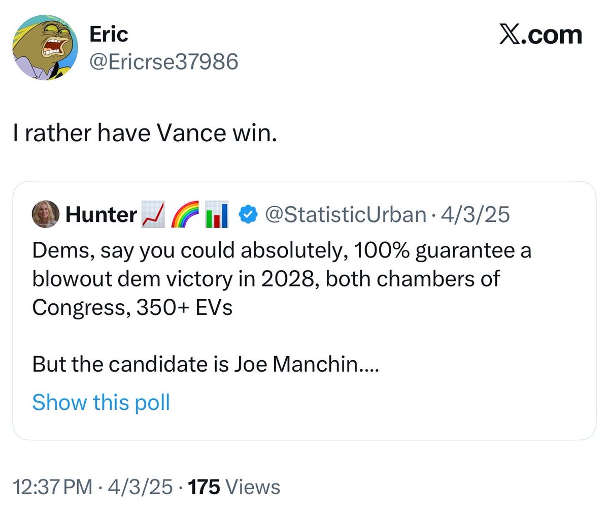 josecanyousee's tweet photo. What a stupid fuck. He literally said he would prefer JD Vance in 2028 over:

Gavin Newsom 
Josh Shapiro
Joe Manchin (who voted with Biden 90% of the time)

And he is currently rooting for a 2020 election-denying Republican in the WA3 race. 

What kind of degenerate leftists supports a Republican?