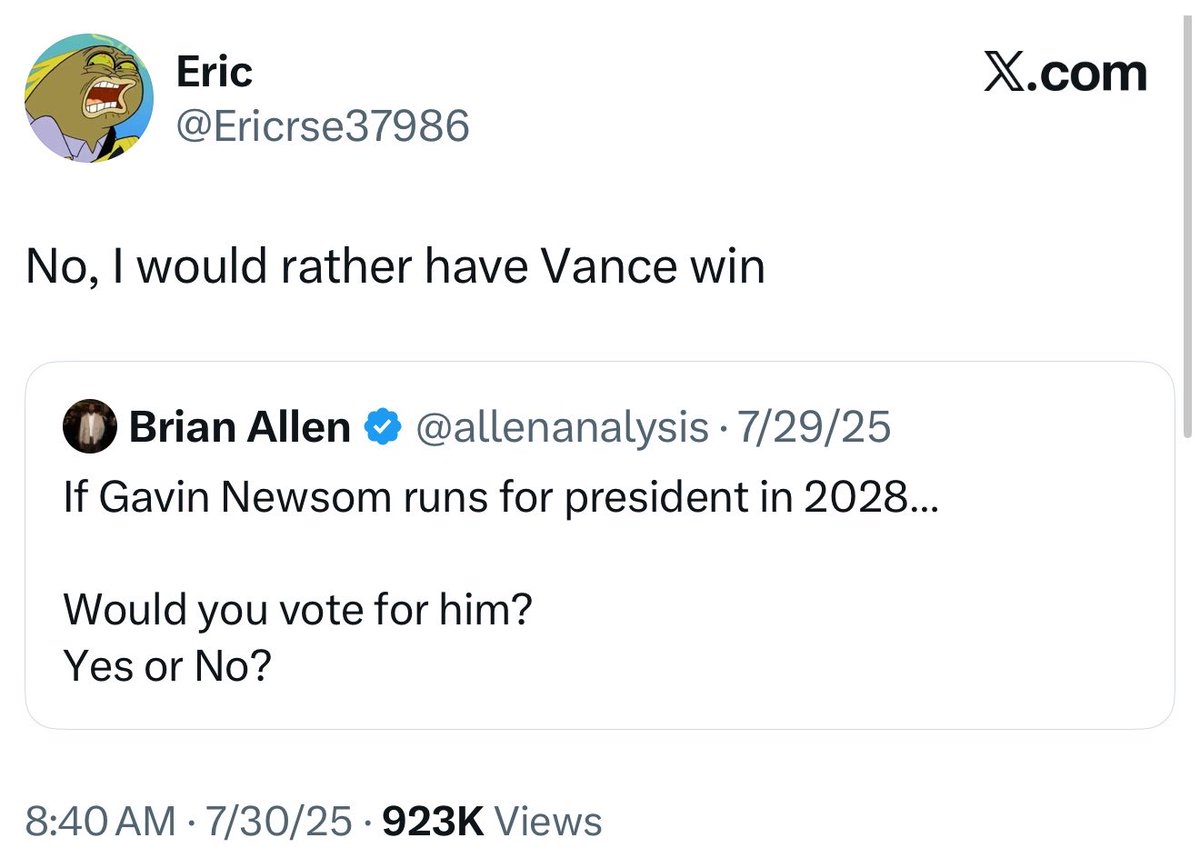 josecanyousee's tweet photo. What a stupid fuck. He literally said he would prefer JD Vance in 2028 over:

Gavin Newsom 
Josh Shapiro
Joe Manchin (who voted with Biden 90% of the time)

And he is currently rooting for a 2020 election-denying Republican in the WA3 race. 

What kind of degenerate leftists supports a Republican?