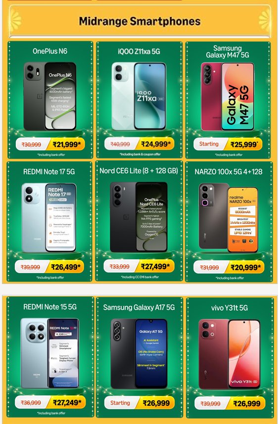 heyitsyogesh's tweet photo. Been looking at smartphone prices across the festive sales, and Amazon seems to have some of the better deals this time.

- Xiaomi 17: ₹59,999
- iQOO 15R: ₹46,499
- Galaxy S25 Ultra: ₹84,999
- OnePlus Nord 6: ₹42,999
- iPhone 16: ₹74,999

With memory prices going up, this would be your last chance to grab these deals before prices go up.

Which one would you pick?