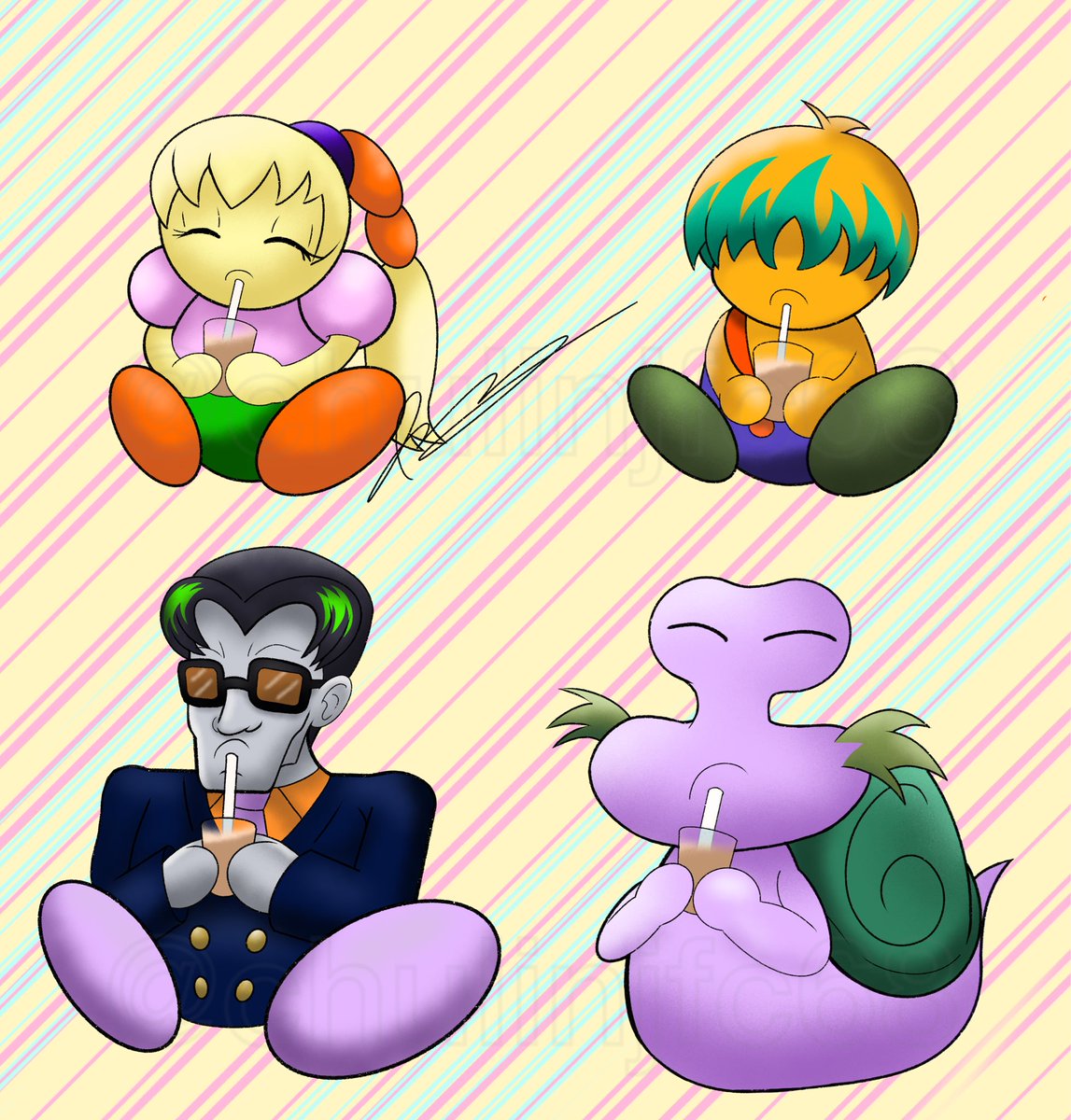 ChulinJFC68's tweet photo. Kirby and Pals drink Choccy Milk Vol. 4 (Kirby Right Back At Ya Anniversary Edition)

Since it’s the anniversary of the anime, I added Tiff, Tuff, Escargoon, and the N.M.E. Sales guy to the lineup.

#kirby #kirbyfanart #kirbyrightbackatya #escargoon #tiff #tuff https://t.co/bcqrPh0FA3