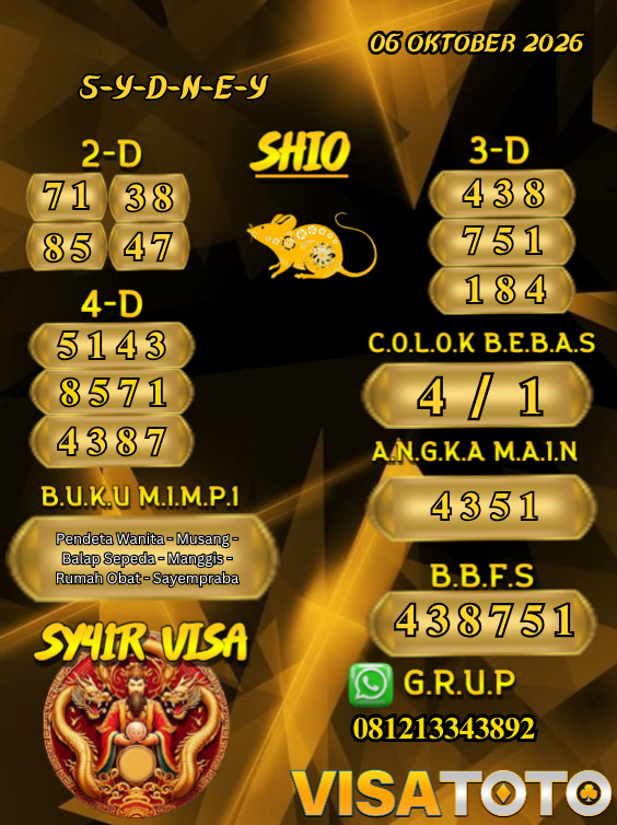 PrediksiVisa's tweet photo. PREDIKSI VISATOTO HARI INI 06 OKTOBER 2026
PASARAN : SYDNEY
SALAM JACKPOT & TETAP UPS BOSSKU !! π₯°π₯°
#visatoto #AngkaMain #ColokBebas #Prediksijitu https://t.co/I8S1zzGmKG