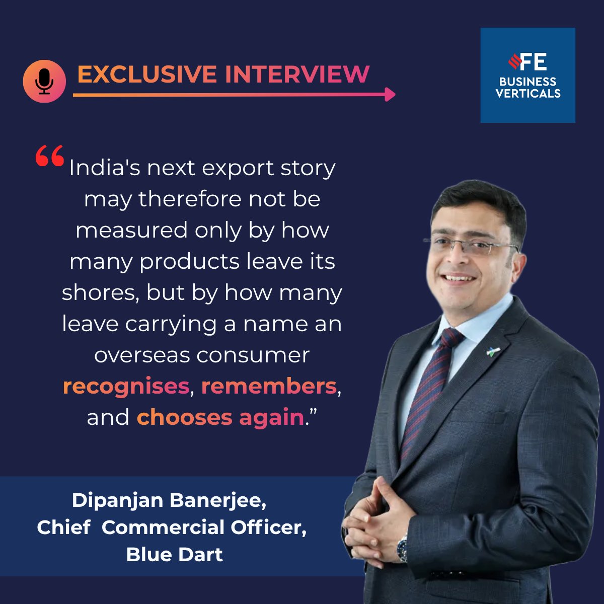 fe_b2b's tweet photo. Dipanjan Banerjee, CCO, @BlueDart_ , highlights a critical challenge for India’s MSMEs : Reaching an overseas customer is easier, but turning that first purchase into repeat business requires much more than simply being online.

🔗 - https://t.co/igR8M6IoIx https://t.co/X3mcEYhcq9
