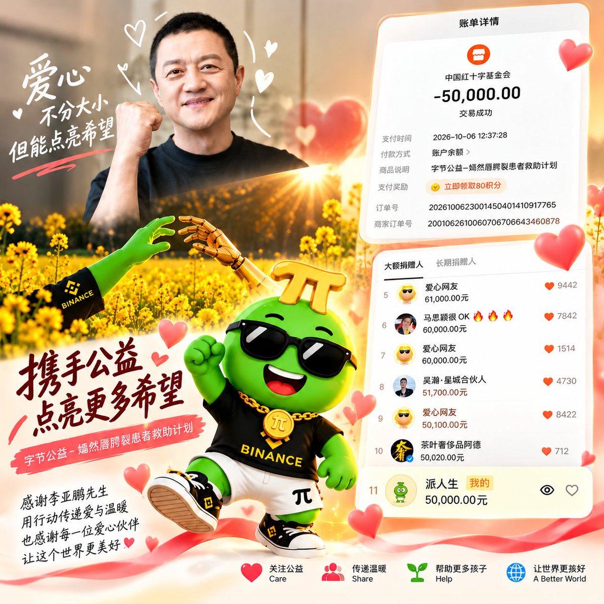 PiLifeCTO's tweet photo. ❤️ PILIFE (派人生) Community — First Charity Donation

Thanks to the continued efforts and growth of the PILIFE community, the 0.8% of trading tax allocated to charity has reached the threshold for our first donation.

Today, we’re proud to announce our first charitable contribution:

❤️ Recipient: Yanran Angel 嫣然天使
💰 Donation: $7,500 USD (approximately RMB 50,000)
📄 Donation proof: See image

On-chain Charity Wallet:
0x898e7B99ABC7cDE2e3381f8471eFea89e04b77EB

For us, PILIFE is more than a Crypto community. We want it to be a community that spreads kindness, warmth, and hope.

We remain committed to acting with integrity, transparency, and fairness — and to giving back to society through real actions.

One community may only contribute a little, but when thousands of people come together, small acts of kindness can become something much bigger.

Supporting children and people in need will remain a long-term charitable mission of the PILIFE community.

Built by the community. Giving back to society.
May every small contribution help light up someone else’s life. ❤️

派人生 | PILIFE
Build a community. Share the love. Make life better.

#BNBChain #派人生 @cz_binance @heyibinance @flapdotsh @BNBCHAIN @GiggleAcademy @binance @nina_rong