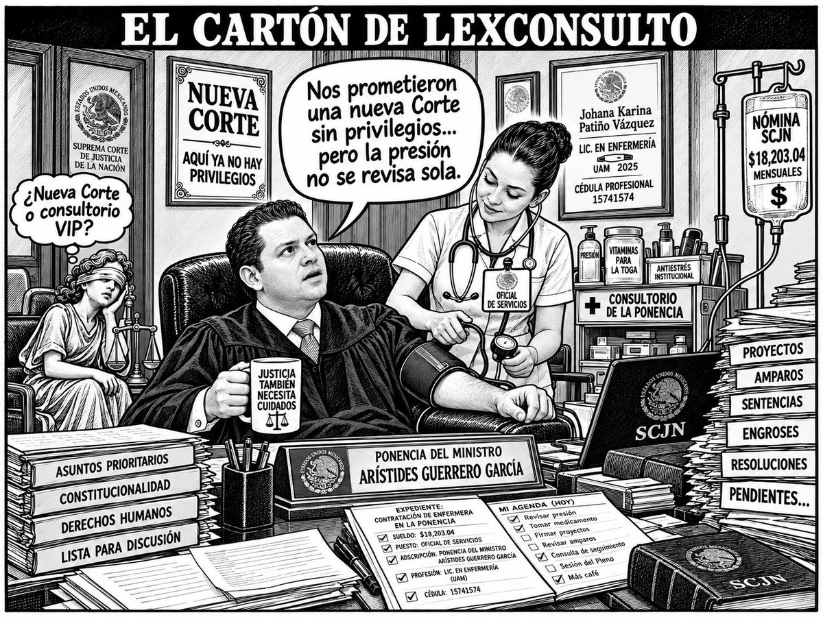 Lex_Consulto's tweet photo. La #NuevaCorte llegó prometiendo que se acababan los privilegios. Arístides Guerrero, tras su accidente, incorporó a su enfermera  a su ponencia: la #SCJN le paga $18,203.04 al mes como Oficial de Servicios.
Se acabaron los privilegios… de los otros #PJF #ReformaJudicial https://t.co/CGDPG68XQl
