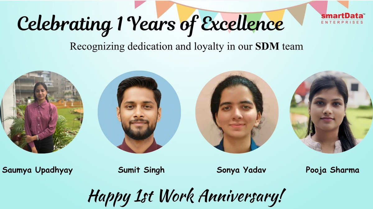 sdeievent's tweet photo. One year in🥳and we're lucky to have you.
Happy 1st work anniversary to our SDM, SDD and SDN teammates. Thanks for everything you've put into smartData this past year🎉
#WorkAnniversary #smartData https://t.co/VZFtLoud3V