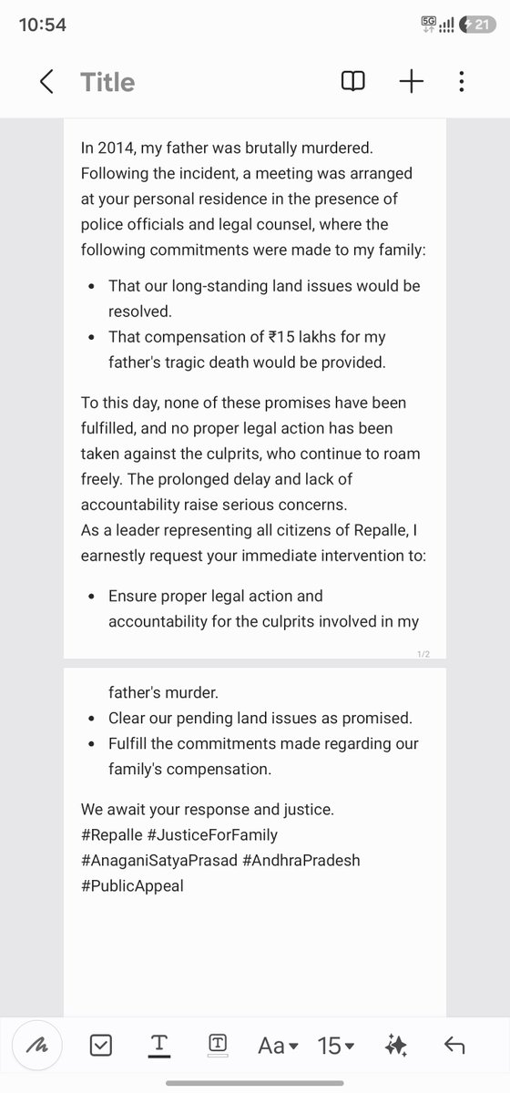 1k1ndar's tweet photo. An open appeal and quest for justice addressed to MLA and Revenue minister of Andhra Pradesh Sri @SatyaAnagani Garu regarding an unfulfilled 2014 agreement, family compensation, and pending land issues in Repalle. Please read below. 👇
​#Repalle #JusticeForFamily https://t.co/8uzE1NpFCy