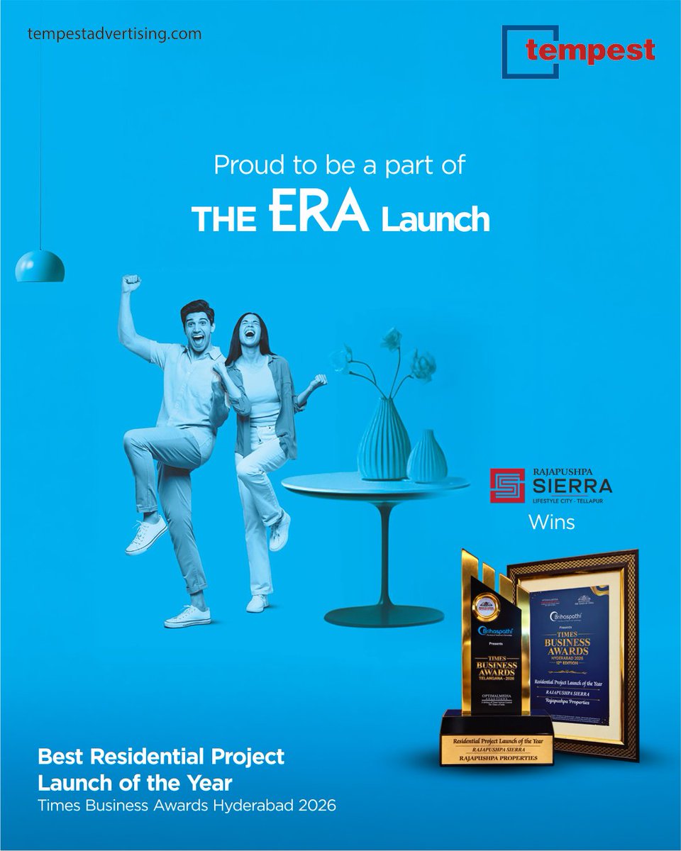 TempestAdv's tweet photo. A launch that made its mark. 🏆
Proud to have been part of The ERA Launch for Rajapushpa Sierra, recognised as Best Residential Project Launch of the Year at the Times Business Awards Hyderabad 2026.
#TempestAdvertising #RajapushpaSierra #ERALaunch #TimesBusinessAwards #Hyd https://t.co/bNXJjlwLPt