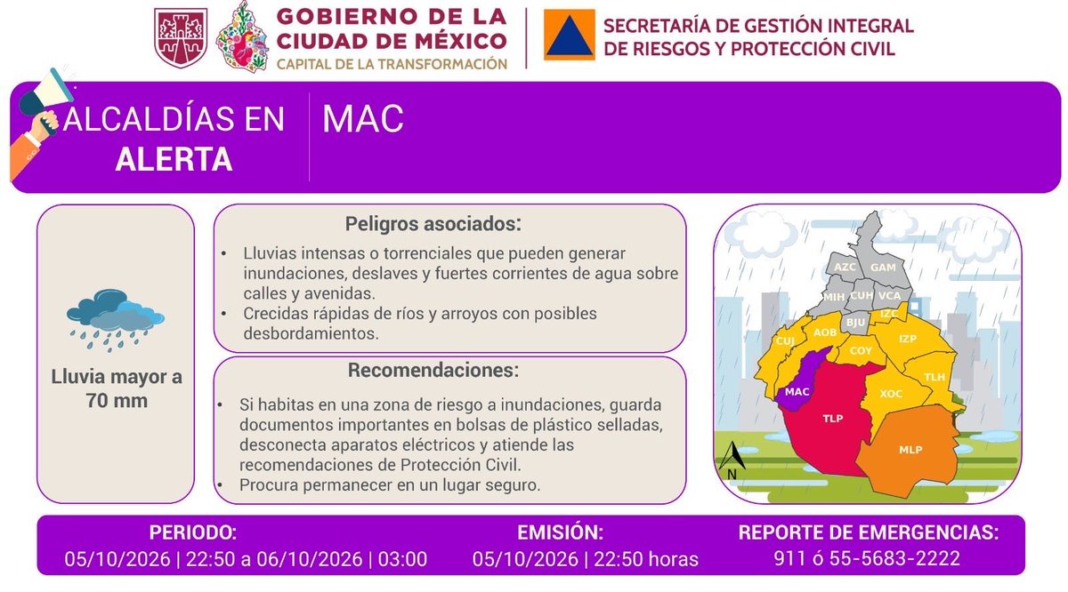 GobCDMX's tweet photo. 🟣 | Se actualiza #AlertaPúrpura en @ALaMagdalenaC

🔴 | Se actualiza #AlertaRoja en @TlalpanAl

🟠 | Se actualiza #AlertaNaranja en @GobMilpaAlta

🟡 | Se actualiza #AlertaAmarilla en la Ciudad de México. 

Para más información consulta las redes de @SGIRPC_CDMX. Mantente al tanto de las últimas actualizaciones, ante una emergencia recuerda que puedes llamar al #911. ☎️