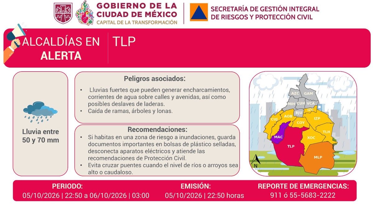 GobCDMX's tweet photo. 🟣 | Se actualiza #AlertaPúrpura en @ALaMagdalenaC

🔴 | Se actualiza #AlertaRoja en @TlalpanAl

🟠 | Se actualiza #AlertaNaranja en @GobMilpaAlta

🟡 | Se actualiza #AlertaAmarilla en la Ciudad de México. 

Para más información consulta las redes de @SGIRPC_CDMX. Mantente al tanto de las últimas actualizaciones, ante una emergencia recuerda que puedes llamar al #911. ☎️