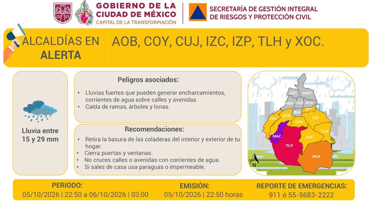 GobCDMX's tweet photo. 🟣 | Se actualiza #AlertaPúrpura en @ALaMagdalenaC

🔴 | Se actualiza #AlertaRoja en @TlalpanAl

🟠 | Se actualiza #AlertaNaranja en @GobMilpaAlta

🟡 | Se actualiza #AlertaAmarilla en la Ciudad de México. 

Para más información consulta las redes de @SGIRPC_CDMX. Mantente al tanto de las últimas actualizaciones, ante una emergencia recuerda que puedes llamar al #911. ☎️