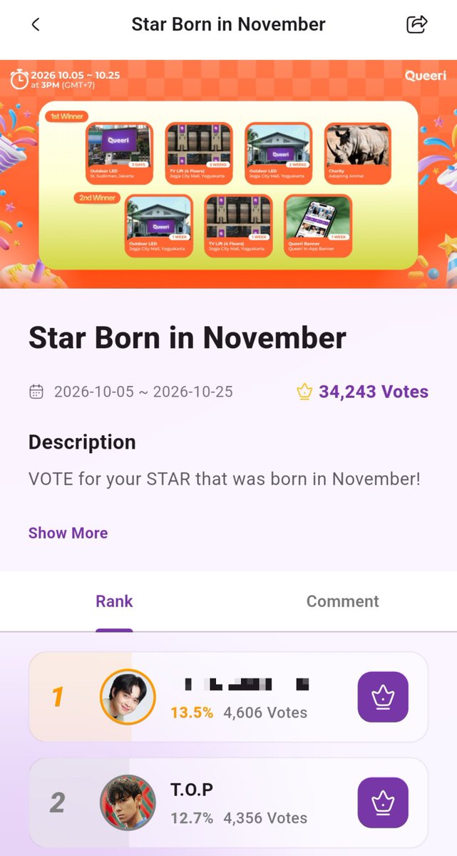 CSHGLOBAL's tweet photo. [VOTING]

Hello TOPSX!

Let's vote for T.O.P as our @queeri_official Star Born in November to secure the sweet rewards!

Vote requirements:
🔝 15 gold crowns per vote
🔝 Unlimited voting everyday

Vote ends on: 
🗓 October 25, 2026
⌛️ 3 PM GMT+7 (5 PM KST)

Vote now at:
🔗 https://t.co/R4VH3zlEMj

Rewards:

1st place winner 🥇
🎁 Outdoor LED St. Sudirman, Jakarta (3 Days)
🎁 TV Lift (4 Floors) Jogja City Mall, Yogyakarta (2 Weeks)
🎁  Outdoor LED Jogja City Mall, Yogyakarta (2 Weeks)
🎁 Animal Adopt

2nd place winner 🥈
🎁 Outdoor LED Jogja City Mall, Yogyakarta (1 Week)
🎁 TV Lift (4 Floors) Jogja City Mall, Yogyakarta (1 Week)
🎁 Queeri In-App Banner (1 Week)

@topspot_pic @topsx_jp_ofc

#CHOISEUNGHYUN 
#TTTOP
#탑 #최승현 
#ANOTHER_DIMENSION