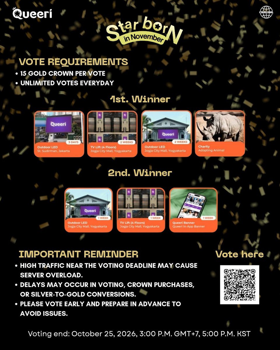 CSHGLOBAL's tweet photo. [VOTING]

Hello TOPSX!

Let's vote for T.O.P as our @queeri_official Star Born in November to secure the sweet rewards!

Vote requirements:
🔝 15 gold crowns per vote
🔝 Unlimited voting everyday

Vote ends on: 
🗓 October 25, 2026
⌛️ 3 PM GMT+7 (5 PM KST)

Vote now at:
🔗 https://t.co/R4VH3zlEMj

Rewards:

1st place winner 🥇
🎁 Outdoor LED St. Sudirman, Jakarta (3 Days)
🎁 TV Lift (4 Floors) Jogja City Mall, Yogyakarta (2 Weeks)
🎁  Outdoor LED Jogja City Mall, Yogyakarta (2 Weeks)
🎁 Animal Adopt

2nd place winner 🥈
🎁 Outdoor LED Jogja City Mall, Yogyakarta (1 Week)
🎁 TV Lift (4 Floors) Jogja City Mall, Yogyakarta (1 Week)
🎁 Queeri In-App Banner (1 Week)

@topspot_pic @topsx_jp_ofc

#CHOISEUNGHYUN 
#TTTOP
#탑 #최승현 
#ANOTHER_DIMENSION