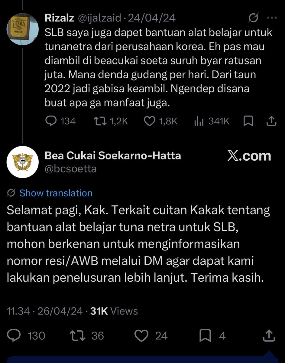 Capyperah's tweet photo. Jadi inget bea cukai @bcsoetta pernah tahan alat bantu SLB selama 2 tahun karena matok ratusan juta baru bisa diambil https://t.co/italGnzszX