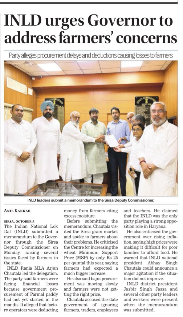 Anilkakkar07's tweet photo. #INLD urges #Governor to address #farmers’ concerns
Party alleges #procurement delays and deductions causing losses to farmers
Report by #AnilKakkar for @thetribunechd @Achautala @JasbirJassa @OfficialINLD @AbhaySChautala @cmohry
https://t.co/rkgoSXnEH1 https://t.co/L4DmgG99UB