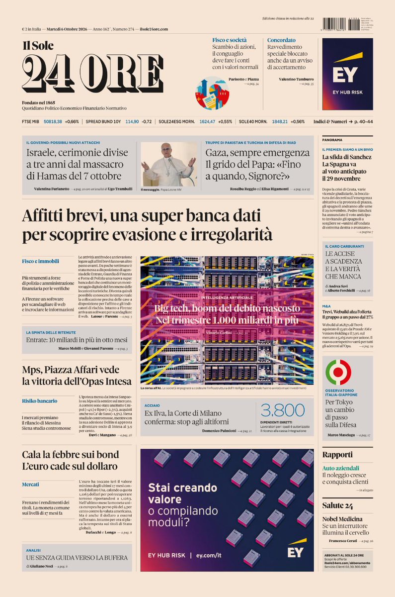 sole24ore's tweet photo. Sulla prima pagina del #Sole24Ore di oggi, martedì #6ottobre: #Affitti brevi, una super banca dati per scoprire #evasione e irregolarità. #Bigtech, boom del debito nascosto, nel trimestre 1.000 miliardi in più. #Mps, #PiazzaAffari vede la vittoria dell’Opas #Intesa #buonalettura #primapagina