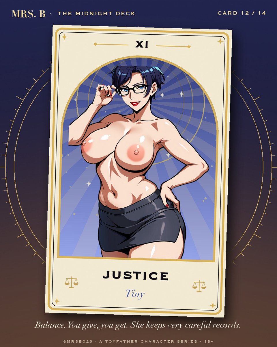 MrsB023's tweet photo. Card twelve: Justice. ⚖️

Balance. You give, you get. Tiny keeps very careful records.

What do you owe her, darling?
#MidnightDeck #MeetTheGirls #ToyFather https://t.co/2TPC4XiL6u
