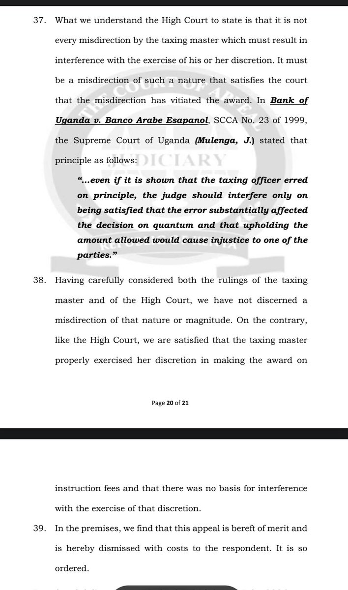 Lexken_EMSLaw's tweet photo. 🚨 Court of Appeal upholds the reduction of a legal fee from almost KES 90 million to KES 1 million.

This is Prof. Tom Ojienda and Associates v Nairobi City County, Civil Appeal No. 273 of 2020. Here is what it means.

The firm had acted for the County in a constitutional petition about how public revenue is administered. When it drew its bill of costs, it put the total at about KES 156.8 million, with roughly KES 89.9 million of that as the instruction fee, the core fee for taking on and running the matter. That instruction fee was anchored on a claimed subject matter value of KES 20 billion. On taxation, the court process for assessing a lawyer's bill, the taxing officer brought the instruction fee down to KES 1 million. The High Court upheld that, and the Court of Appeal has now agreed.

How you value the subject matter. This is the heart of the decision. In a constitutional or public law case, the value of the matter for costs is taken from the pleadings, the judgment or any settlement. It cannot be extrapolated from the size of the public funds or revenues the case happened to touch, unless there was a direct monetary claim or real financial exposure. The petition concerned revenue administration, but it was not a claim for KES 20 billion, so that figure could not drive the fee.

Three further points. 

✅ First, a court will not disturb a taxing officer's assessment simply because the figure looks high or low. It steps in only where there is an error of principle, or the fee is so manifestly excessive or so inordinately low as to be an injustice. 

✅ Second, not every slip or misquoted authority by the taxing officer justifies setting the award aside. The error must be material and must substantially affect the final figure. Third, the fee prescribed under Schedule 6(1)(j) of the Advocates Remuneration Order is a floor, a statutory minimum, and the taxing officer keeps discretion to scale it up for complexity, novelty and public importance. A floor is not a licence to inflate.

On one side, advocates deserve fair, and sometimes substantial, pay for demanding public interest and constitutional work, and the Remuneration Order sets a minimum precisely so lawyers are not short changed. On the other, fees charged to a public body are paid from public funds, and letting a notional value, the size of a budget a case brushes against, set the fee would let costs balloon far beyond what was actually in issue. The balance the court strikes is that value flows from what the case truly put in dispute, not from the largest number nearby.

Key takeaway: the fee follows the real subject matter. When a bill of costs is drawn, the value must come from what was actually claimed or decided, not from the biggest figure in the vicinity. And a taxing officer's considered discretion is hard to overturn.

👉 Follow @Lexken_EMSLaw for practical legal insights on legal costs and advocate remuneration.