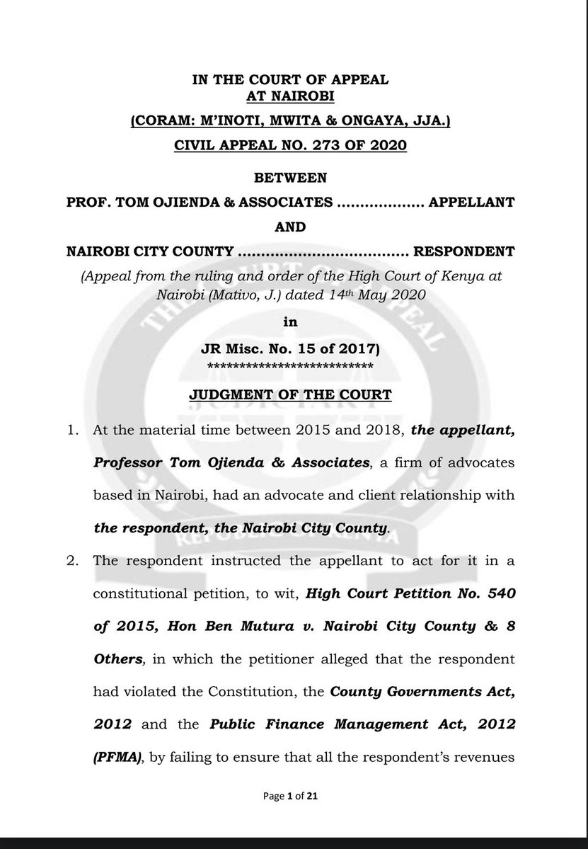 Lexken_EMSLaw's tweet photo. 🚨 Court of Appeal upholds the reduction of a legal fee from almost KES 90 million to KES 1 million.

This is Prof. Tom Ojienda and Associates v Nairobi City County, Civil Appeal No. 273 of 2020. Here is what it means.

The firm had acted for the County in a constitutional petition about how public revenue is administered. When it drew its bill of costs, it put the total at about KES 156.8 million, with roughly KES 89.9 million of that as the instruction fee, the core fee for taking on and running the matter. That instruction fee was anchored on a claimed subject matter value of KES 20 billion. On taxation, the court process for assessing a lawyer's bill, the taxing officer brought the instruction fee down to KES 1 million. The High Court upheld that, and the Court of Appeal has now agreed.

How you value the subject matter. This is the heart of the decision. In a constitutional or public law case, the value of the matter for costs is taken from the pleadings, the judgment or any settlement. It cannot be extrapolated from the size of the public funds or revenues the case happened to touch, unless there was a direct monetary claim or real financial exposure. The petition concerned revenue administration, but it was not a claim for KES 20 billion, so that figure could not drive the fee.

Three further points. 

✅ First, a court will not disturb a taxing officer's assessment simply because the figure looks high or low. It steps in only where there is an error of principle, or the fee is so manifestly excessive or so inordinately low as to be an injustice. 

✅ Second, not every slip or misquoted authority by the taxing officer justifies setting the award aside. The error must be material and must substantially affect the final figure. Third, the fee prescribed under Schedule 6(1)(j) of the Advocates Remuneration Order is a floor, a statutory minimum, and the taxing officer keeps discretion to scale it up for complexity, novelty and public importance. A floor is not a licence to inflate.

On one side, advocates deserve fair, and sometimes substantial, pay for demanding public interest and constitutional work, and the Remuneration Order sets a minimum precisely so lawyers are not short changed. On the other, fees charged to a public body are paid from public funds, and letting a notional value, the size of a budget a case brushes against, set the fee would let costs balloon far beyond what was actually in issue. The balance the court strikes is that value flows from what the case truly put in dispute, not from the largest number nearby.

Key takeaway: the fee follows the real subject matter. When a bill of costs is drawn, the value must come from what was actually claimed or decided, not from the biggest figure in the vicinity. And a taxing officer's considered discretion is hard to overturn.

👉 Follow @Lexken_EMSLaw for practical legal insights on legal costs and advocate remuneration.