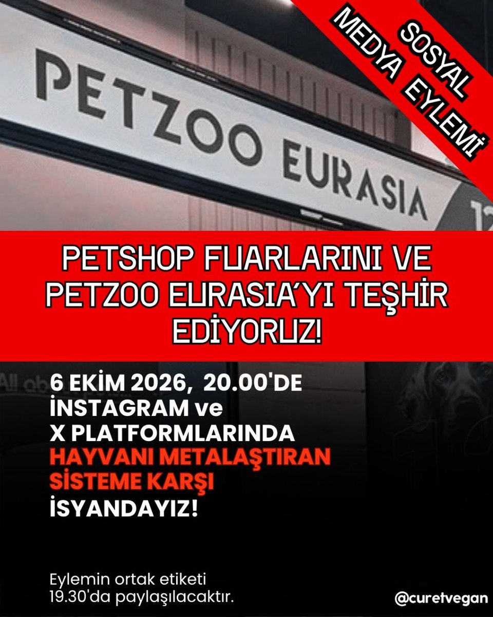 curetvegan's tweet photo. *Sosyal Medya Eylemi*
PETSHOP FUARLARINI VE PETZOO EURASIA’YI TEŞHİR EDİYORUZ!
6 EKİM 2026, 20.00'DE
İNSTAGRAM ve
X PLATFORMLARINDA HAYVANI METALAŞTIRAN SİSTEME KARŞI İSYANDAYIZ!
Eylemin ortak etiketi
19.30'da paylaşılacaktır.
#eylem https://t.co/kR5xyBWrNP