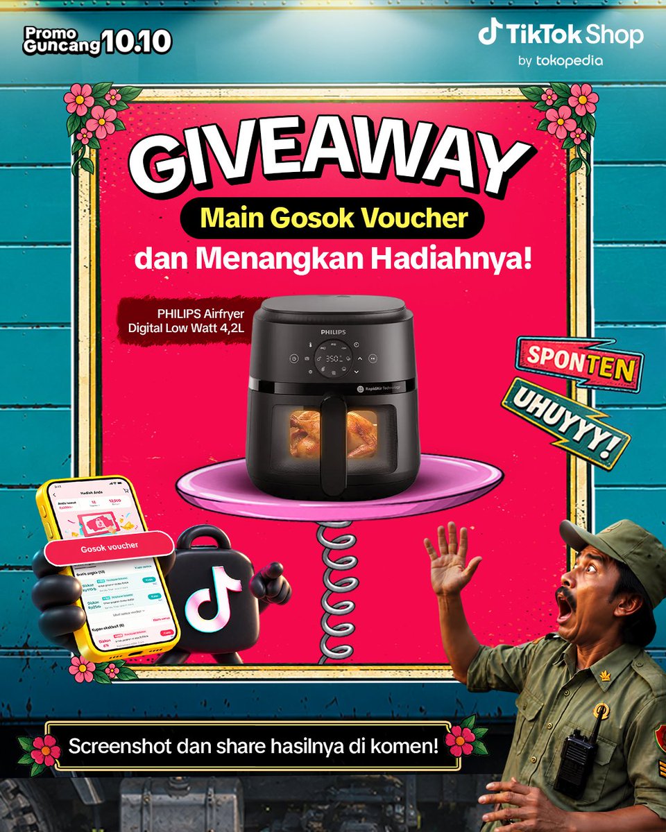 TikTokShop_IDN's tweet photo. 🚨GIVEAWAY TIKTOK SHOP BY TOKOPEDIA🚨

Ada PHILIPS Airfryer Digital Low Watt 4,2L buat kamu yang beruntung! Yuk, buruan main gosok voucher di TikTok Shop by Tokopedia hari ini! https://t.co/WKALDUPPtR